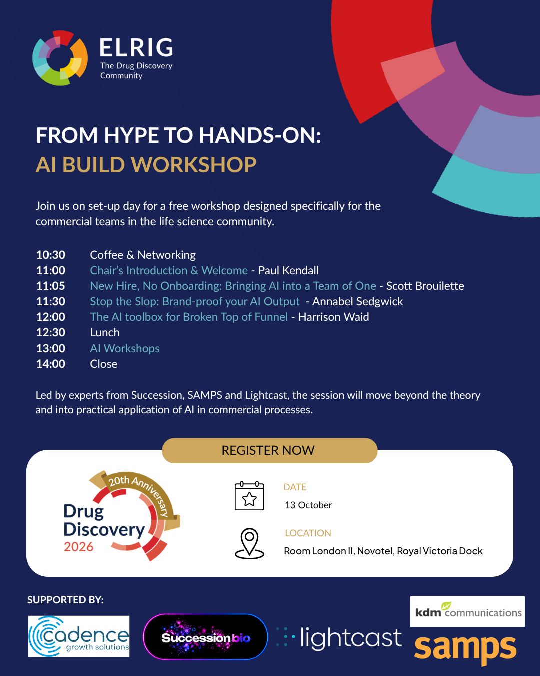 ELRIG Day 0 AI Build Workshop poster with the 13 October programme and Room London II at Novotel, Royal Victoria Dock.